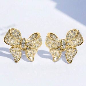 Gold Cubic Zirconia Bow Earrings, Gold Bow Earrings, Coquette Girl Jewelry